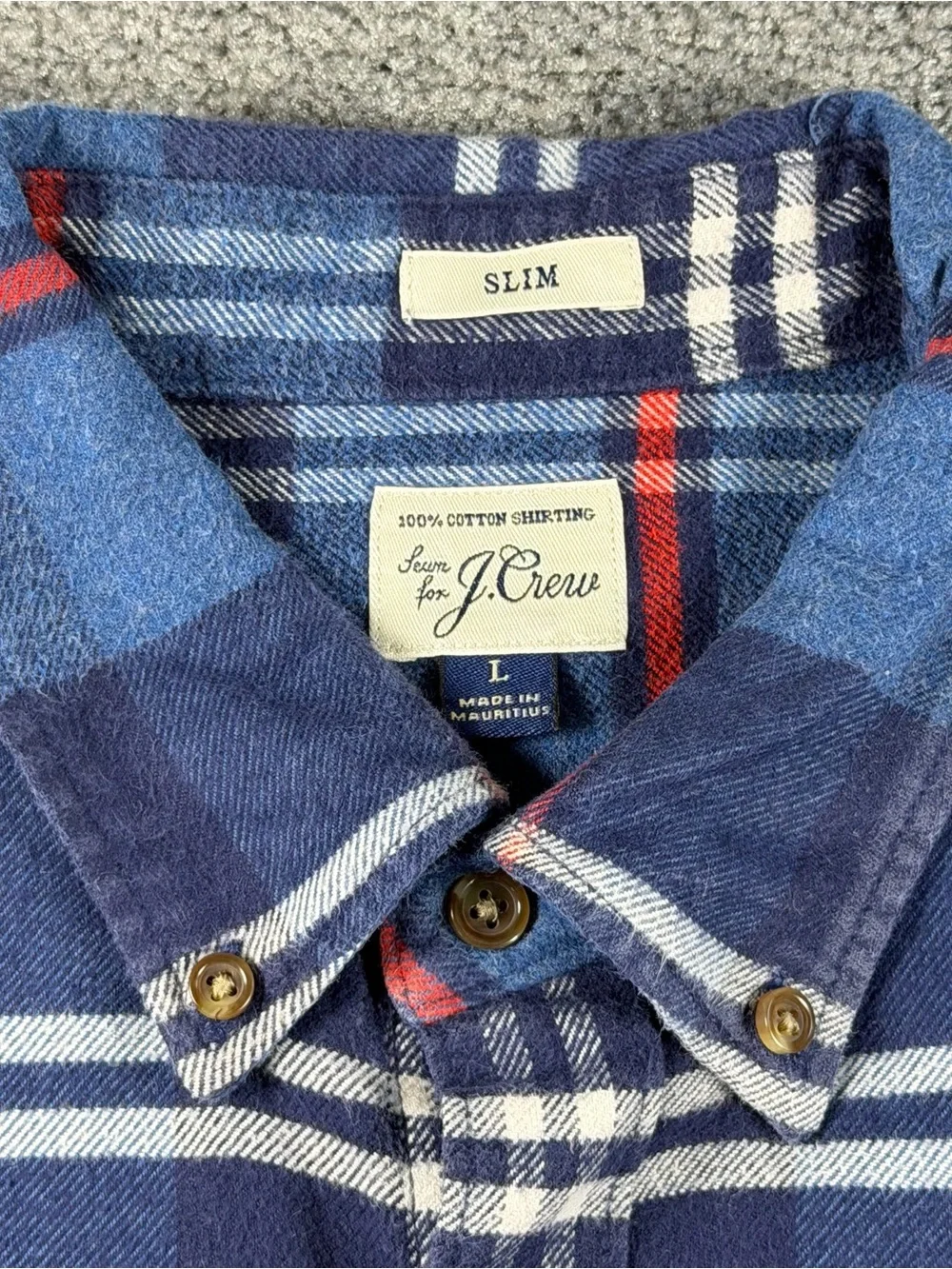J Crew Mens Shirt L Plaid Button Down Elbow Patch Cotton Flannel Slim Fit Blue